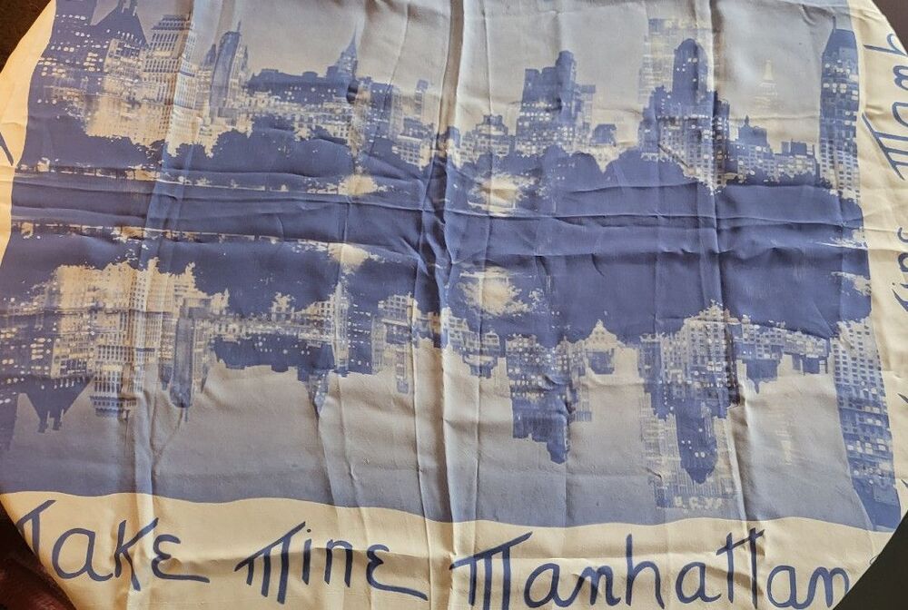 Susan Lee Take Time Manhattan Silk Scarf Blue NYC Skyline Ink Blot Calligraphy